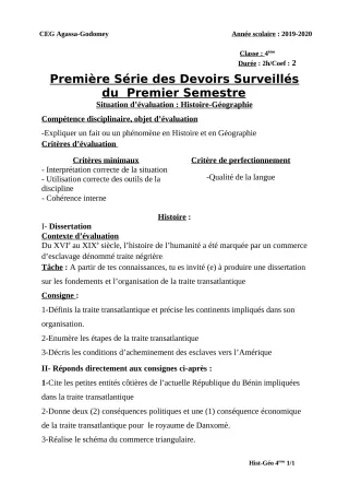 Première page de Histoire-Géographie 4e, 4e ML — 1er devoir surveillé, 1er semestre (2019-2020) · CEG Agassa Godomey