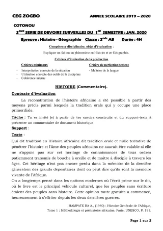 Première page de Histoire-Géographie 2nde A, 2nde A2, 2nde B — 2e devoir surveillé, 1er semestre (2019-2020) · CEG ZOGBO