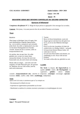 Première page de Allemand 2nde A & B, 1ère A, 1ère A2, 1ère B, Tle A1, Tle A2, Tle B — 2e devoir surveillé, 2e semestre (2019-2020) · CEG Agassa Godomey