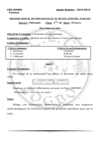 Première page de Philosophie 2nde A, 2nde B — 1er devoir surveillé, 2e semestre (2018-2019) · CEG ZOGBO
