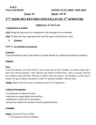 Première page de Anglais 6e, 5e, 4e, 4e ML, 3e, 3e ML, 2nde A & B, 2nde C, 2nde D, 1ère A2, 1ère B, 1ère C, 1ère D, Tle A1, Tle A2, Tle C, Tle D — 2e devoir surveillé, 1er semestre (2019-2020) · CEG2 OUIDAH
