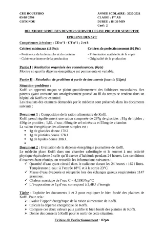 Première page de SVT 1ère A1, 1ère A2, 1ère B — 2e devoir surveillé, 1er semestre (2020-2021) · CEG HOUEYIHO