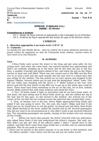 Première page de Anglais Tle A2, Tle B — Composition (2019-2020) · CPEG LICA