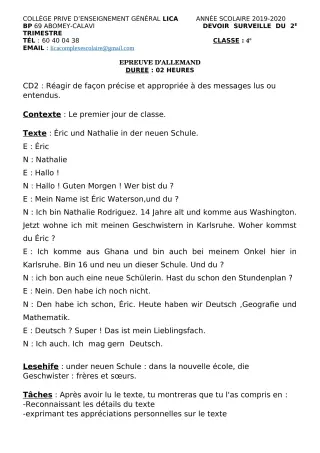 Première page de Allemand 4e ML — Devoir surveillé, 1er trimestre (2019-2020) · CPEG LICA
