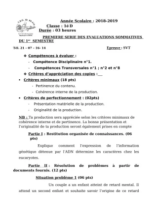 Première page de SVT 6e, 5e, 4e, 4e ML, 3e, 3e ML, 2nde A1, 2nde A2, 2nde C, 2nde D, 1ère A1, 1ère A2, 1ère B, 1ère C, 1ère D, Tle A1, Tle A2, Tle B, Tle C, Tle D — 1re évaluation sommative, 1er semestre (2018-2019) ·