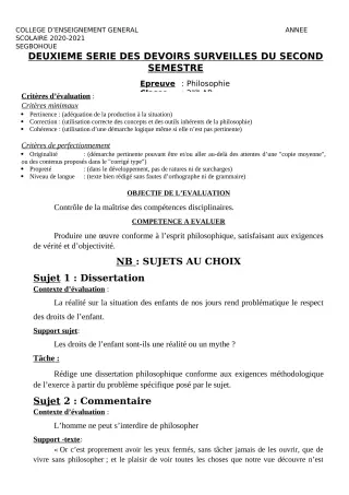 Première page de Philosophie 2nde A & B, 2nde D, 1ère A & B, 1ère D, Tle A & B, Tle D — 2e devoir surveillé, 2e semestre (2020-2021) · CEG SEGBOHOUE