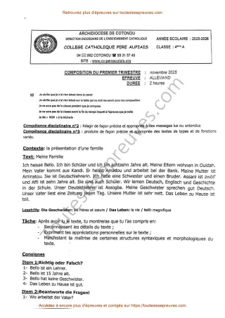 Première page de Allemand 4ème – Composition du 1er trimestre 2025-2026 – Compréhension et production écrite sur la présentation de la famille – Collège Catholique Père Aupiais