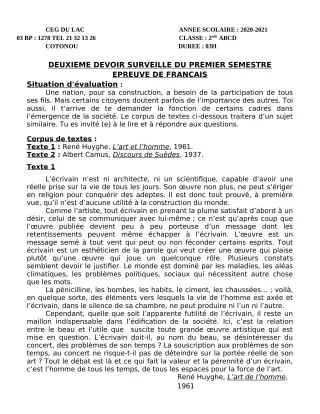 Première page de Français 2nde A, 2nde B, 2nde C, 2nde D — 2e devoir surveillé, 1er semestre (2020-2021) · CEG du Lac