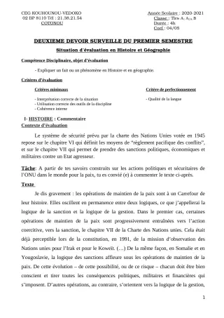 Première page de Histoire-Géographie Tle A1, Tle A2, Tle B — 2e devoir surveillé, 1er semestre (2020-2021) · CEG Kouhounou-Vêdoko