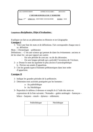 Première page de Histoire-Géographie 6e — 1er devoir surveillé, 1er semestre (2018-2019) · CEG SONNOUMON