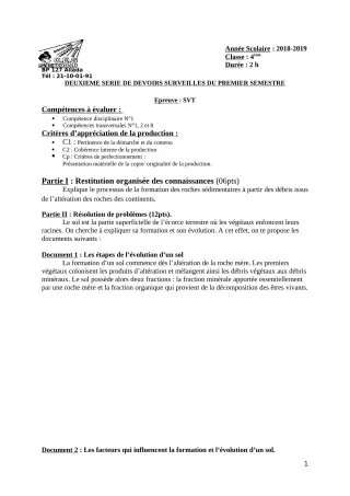 Première page de SVT 4e, 4e ML — 2e devoir surveillé, 1er semestre (2018-2019) · CEG Sékou