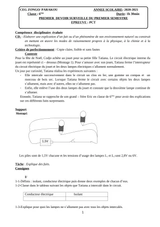 Première page de PCT 6e — 1er devoir surveillé, 1er semestre (2020-2021) · CEG ZONGO