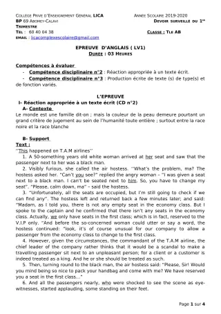 Première page de Anglais Tle A2, Tle B — Devoir surveillé, 1er trimestre (2019-2020) · CPEG LICA