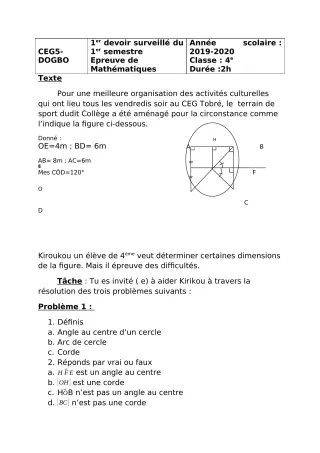 Première page de Mathématiques 4e, 4e ML — 1er devoir surveillé, 1er semestre (2018-2019) · CEG5 DOGBO