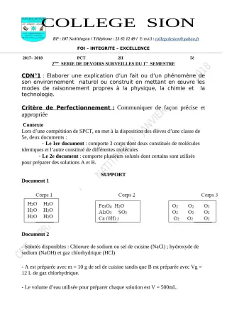 Première page de PCT 5e — Devoir surveillé (2019-2020) · CEG PRIVE SION DES AD