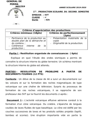Première page de SVT 6e, 5e, 4e, 4e ML, 3e, 3e ML, 2nde A, 2nde D, 1ère A, 1ère D, Tle A, Tle D — 1re production scolaire, 2e semestre (2019-2020) · CEG Perma
