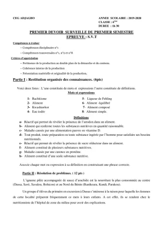 Première page de SVT 6e — 1er devoir surveillé, 1er semestre (2019-2020) · CEG ADJAGBO
