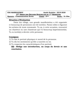 Première page de Français 5e — Devoir surveillé, 1er semestre (2019-2020) · CEG MAREGOUROU