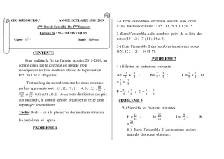 Première page de Mathématiques 6e, 5e, 4e, 4e ML — 2e devoir surveillé, 2e semestre (2018-2019) · CEG Gbegourou