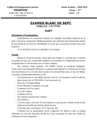 Première page de Devoir surveillé de FRANCAIS LECTURE — 3e, 3e ML — CEG HOUEYIHO (2020)