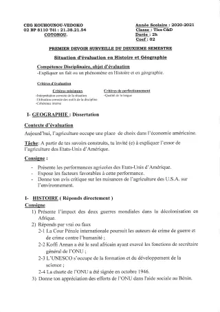 Première page de Histoire-Géographie Tle C, Tle D — 2e semestre (2020-2021) · CEG Kouhounou-Vêdoko