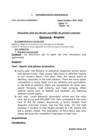 Première page de Anglais 5e — 2e devoir surveillé, 1er semestre (2019-2020) · CEG Agassa Godomey