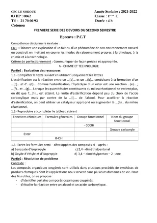Première page de PCT 1ère C — 1er devoir surveillé, 2e semestre (2021-2022) · CEG LE NOKOUE