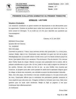 Première page de Français 6e, 5e, 4e, 3e — 1re évaluation sommative, 1er trimestre (2024-2025) · CPEG La Finesse