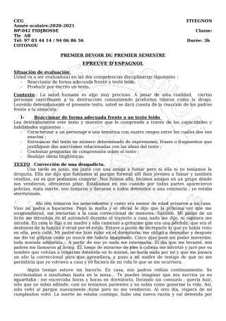 Première page de Espagnol Tle A2, Tle B — 1er devoir surveillé, 1er semestre (2020-2021) · CEG FIYEGNON