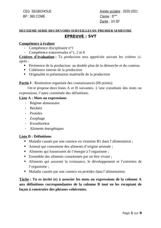 Première page de SVT 6e, 5e, 4e — 2e devoir surveillé, 1er semestre (2020-2021) · CEG SEGBOHOUE