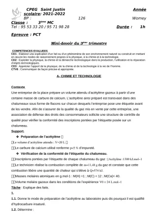 Première page de PCT 3e — Devoir surveillé, 3e trimestre (2021-2022) · CPEG SAINT Justin