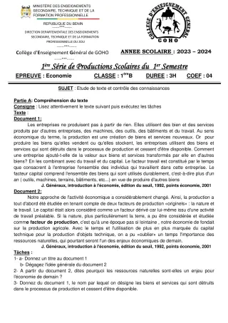 Première page de Espagnol 1ère A & B — 1re production scolaire, 1er semestre (2023-2024) · CEG GOHO