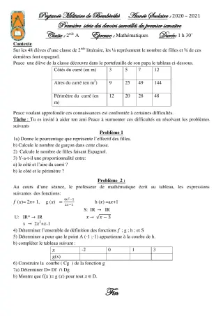 Première page de Mathématiques 2nde A1, 2nde A2 — 1er devoir surveillé, 1er semestre (2020-2021) · PMB