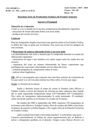 Première page de Espagnol Tle A1, Tle A2, Tle B — 2e production scolaire, 1er semestre (2019-2020) · CEG SEGBEYA