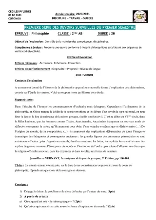 Première page de Philosophie 2nde A & B, 2nde A1, 2nde A2, 2nde B, 2nde C, 2nde D, 1ère A1, 1ère A2, 1ère B, 1ère C, 1ère D, Tle A1, Tle A2, Tle B, Tle C, Tle D — 1er devoir surveillé, 1er semestre (2020-2021) · CEG L