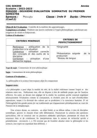 Première page de Philosophie 2nde D — 2e évaluation sommative, 1er semestre (2022-2023) · CEG SEKERE