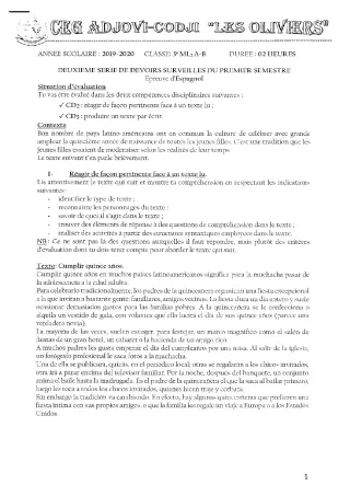 Première page de Espagnol 3e ML — 2e devoir surveillé, 1er semestre (2019-2020) · CEG ADJOVICODJI 'LES OLIVIERS'