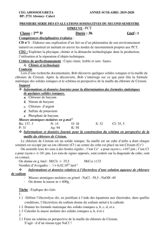 Première page de PCT 2nde D — 1re évaluation sommative, 2e semestre (2019-2020) · CEG Ahossougbéta