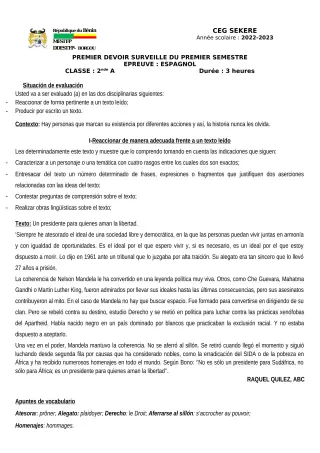 Première page de Espagnol 2nde A2 — 1er devoir surveillé, 1er semestre (2022-2023) · CEG SEKERE
