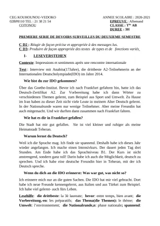 Première page de Allemand Tle A1, Tle A2, Tle B — 1er devoir surveillé, 2e semestre (2020-2021) · CEG Kouhounou-Vêdoko