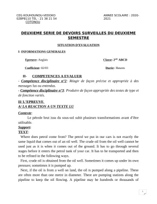 Première page de Anglais 2nde A1, 2nde A2, 2nde B, 2nde C, 2nde D — 2e devoir surveillé, 2e semestre (2020-2021) · CEG Kouhounou-Vêdoko