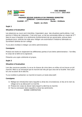 Première page de Français 5e — 1er devoir surveillé, 1er semestre (2022-2023) · CEG SEKERE