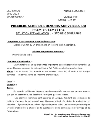Première page de Histoire-Géographie 6e — 1er devoir surveillé, 1er semestre (2022-2023) · CEG PAHOU