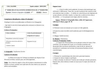 Première page de Histoire-Géographie 4e, 4e ML — 1re évaluation sommative (2018-2019) · CEG 2 KANDI