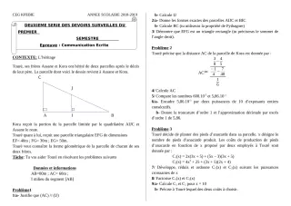 Première page de Mathématiques 4e — 2e devoir surveillé, 1er semestre (2018-2019) · CEG Kpébié