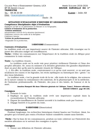 Première page de Histoire-Géographie 2nde A2, 2nde B — Devoir surveillé, 1er trimestre (2019-2020) · CPEG LICA