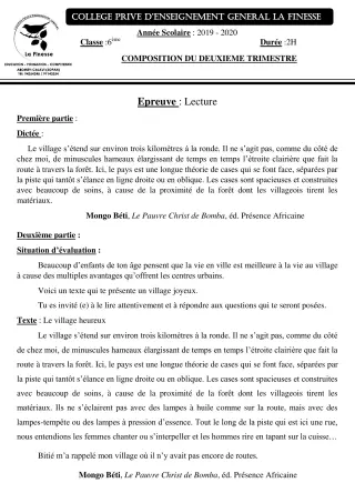 Première page de Français 6e — Composition, 2e trimestre (2019-2020) · CPEG La Finesse