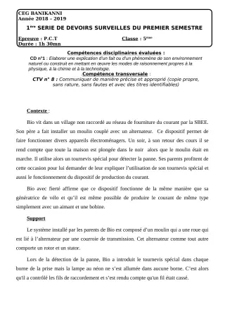 Première page de PCT 4e — 1er devoir surveillé, 1er semestre (2018-2019) · CEG Banikanni