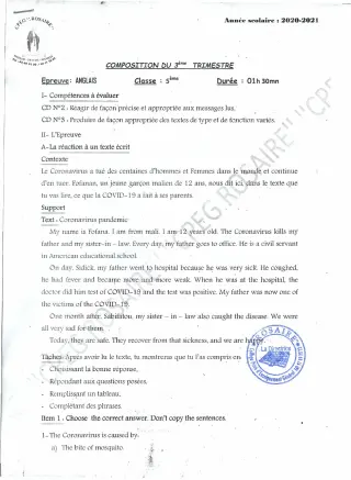 Première page de Anglais 5e — 1re composition, 3e trimestre (2020-2021) · CPEG ROSAIRE