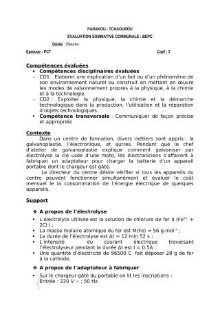 Première page de PCT 3e — Évaluation sommative (2018-2019) · CEG Hubert C. MAGA